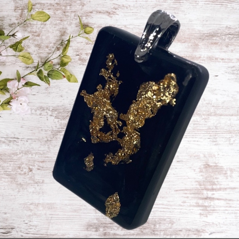 Gold Leaf Black Pendant Handcrafted Resin Art To Wear